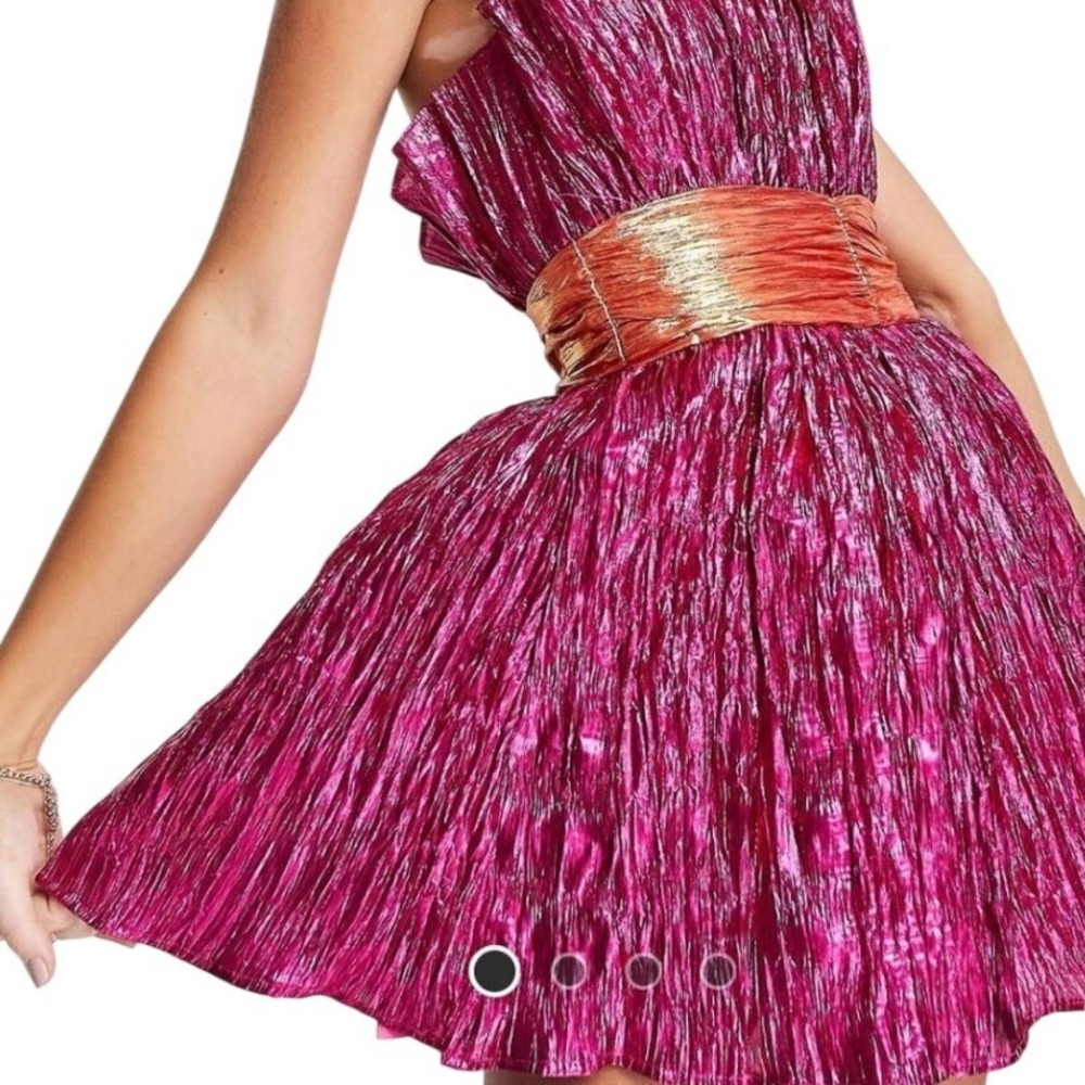 Collective The Label Metallic Pink Crinkle Strapless Mini Dress Orange Waistband